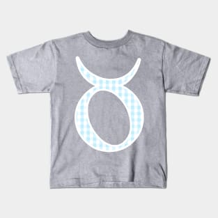 Taurus Zodiac Horoscope Symbol in Pastel Blue and White Gingham Pattern Kids T-Shirt